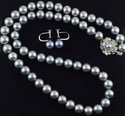 Akoya pearl necklace with 7.0-7.5mm round pearls and matching blue gray K14WG earrings set