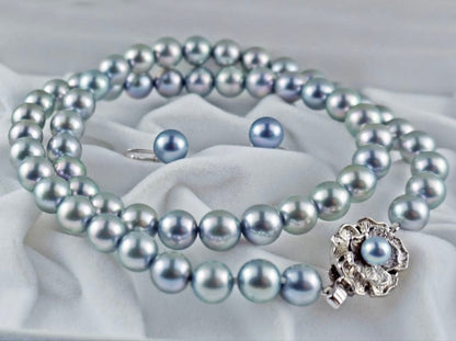 Akoya pearl necklace with 7.0-7.5mm round pearls and matching blue gray K14WG earrings set