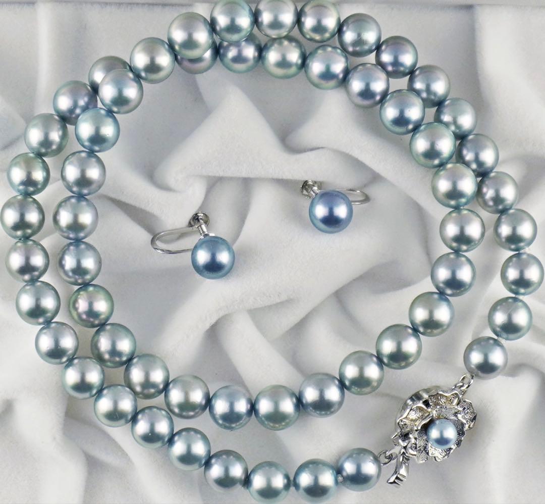 Akoya pearl necklace with 7.0-7.5mm round pearls and matching blue gray K14WG earrings set