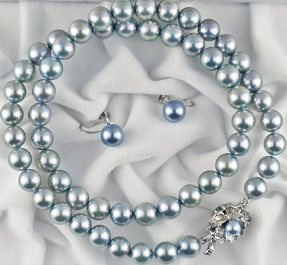 Akoya pearl necklace with 7.0-7.5mm round pearls and matching blue gray K14WG earrings set