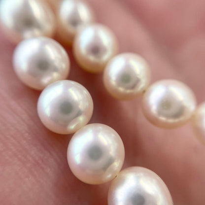 Akoya first-class pearl necklace with 7 to 7.5mm pearls and silver clasp on a white background