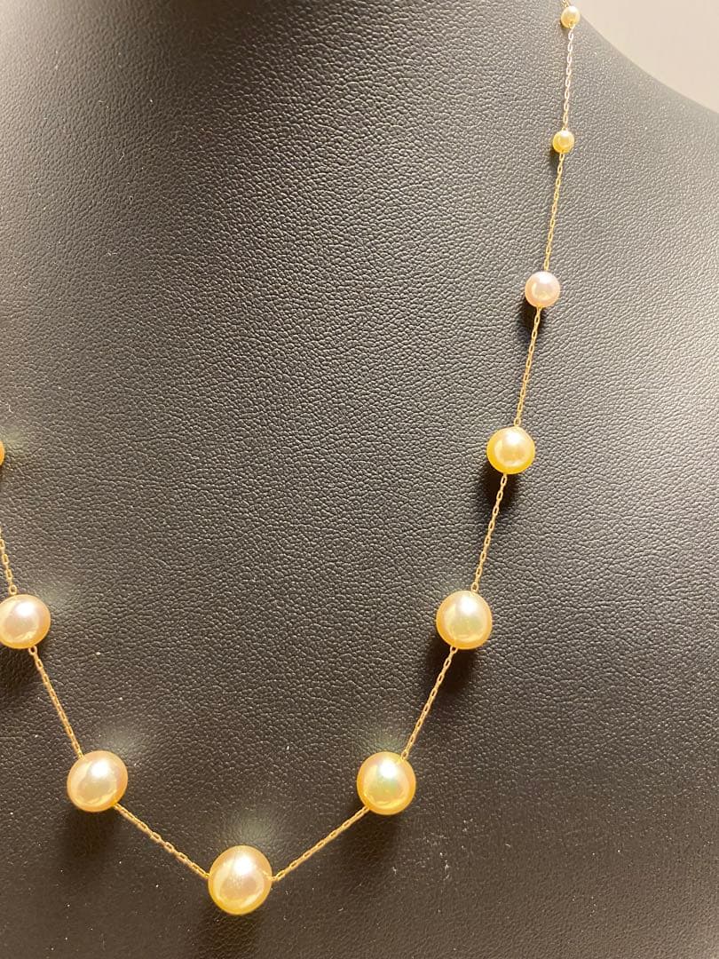 Fresh Perlagione Akoya pearl necklace in 14K yellow gold with champagne tone pearls of various sizes on a 45cm chain