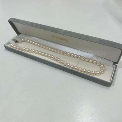 Akoya pearl necklace with 7.4mm pearls, 41cm length, displayed on a white background