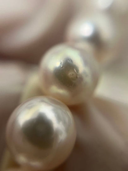 Akoya pearl necklace with 7.4mm pearls, 41cm length, displayed on a white background