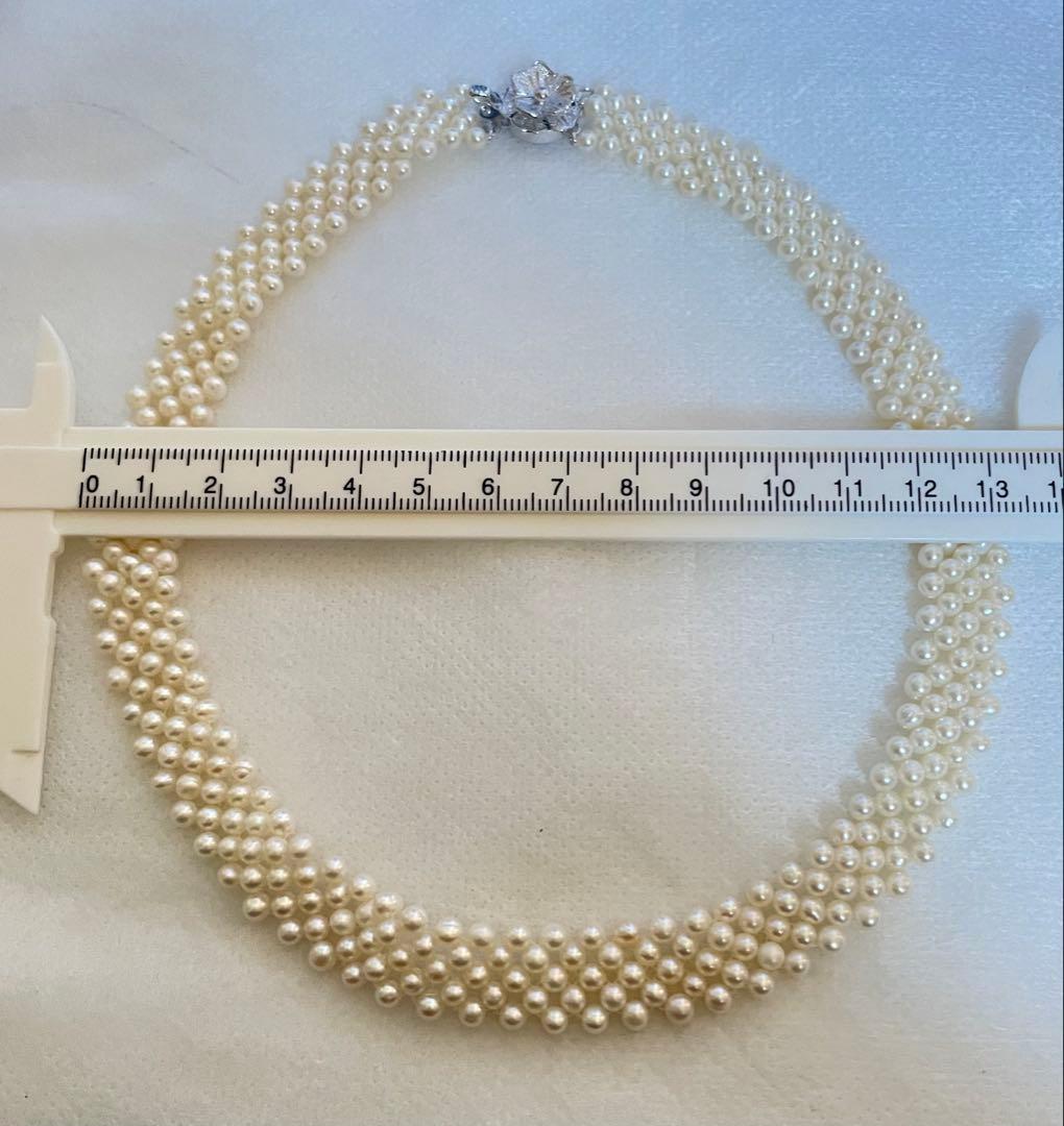 Baby Akoya pearl necklace with 3.5-4mm semi-round white pearls in a 5-row mesh design, approximately 40cm long