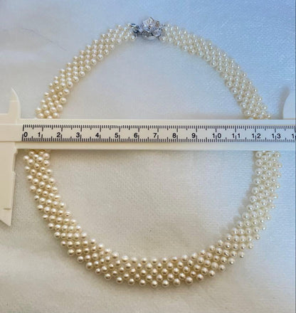Baby Akoya pearl necklace with 3.5-4mm semi-round white pearls in a 5-row mesh design, approximately 40cm long