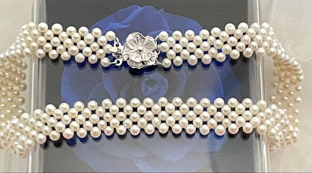 Baby Akoya pearl necklace with 3.5-4mm semi-round white pearls in a 5-row mesh design, approximately 40cm long