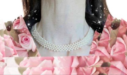 Baby Akoya pearl necklace with 3.5-4mm semi-round white pearls in a 5-row mesh design, approximately 40cm long