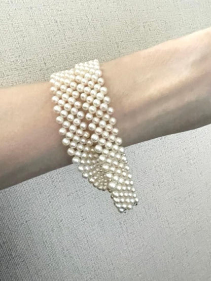 Baby Akoya pearl necklace with 3.5-4mm semi-round white pearls in a 5-row mesh design, approximately 40cm long
