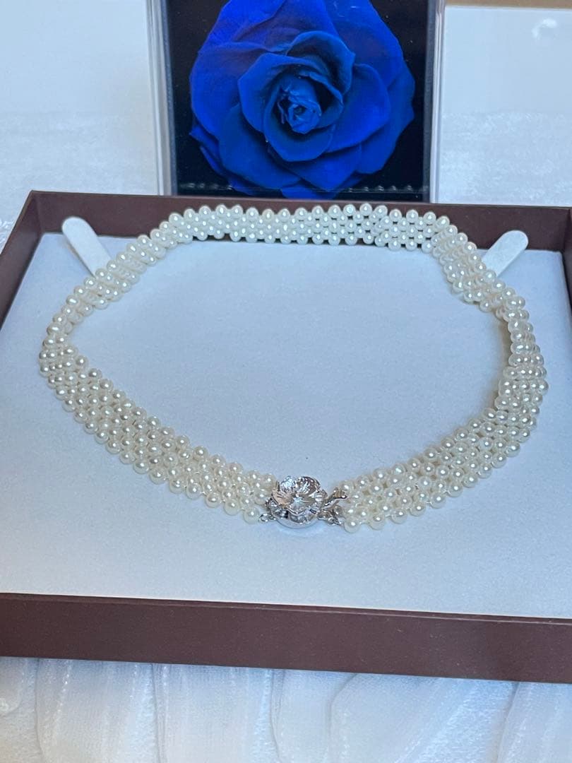 Baby Akoya pearl necklace with 3.5-4mm semi-round white pearls in a 5-row mesh design, approximately 40cm long
