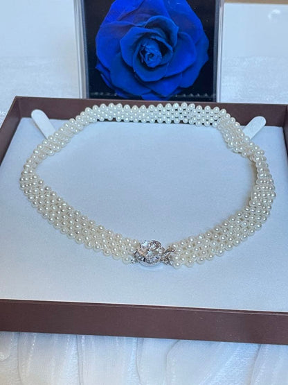 Baby Akoya pearl necklace with 3.5-4mm semi-round white pearls in a 5-row mesh design, approximately 40cm long
