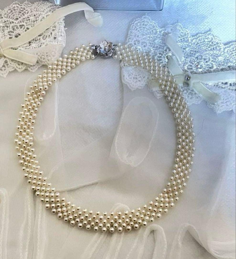 Baby Akoya pearl necklace with 3.5-4mm semi-round white pearls in a 5-row mesh design, approximately 40cm long