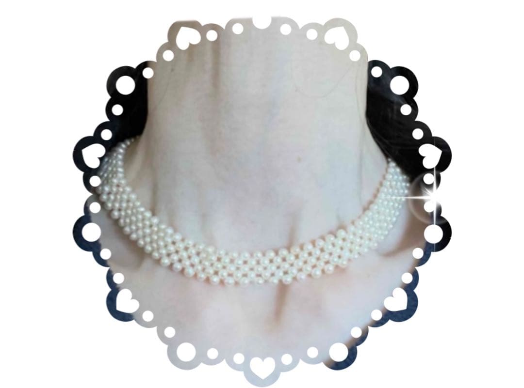 Baby Akoya pearl necklace with 3.5-4mm semi-round white pearls in a 5-row mesh design, approximately 40cm long