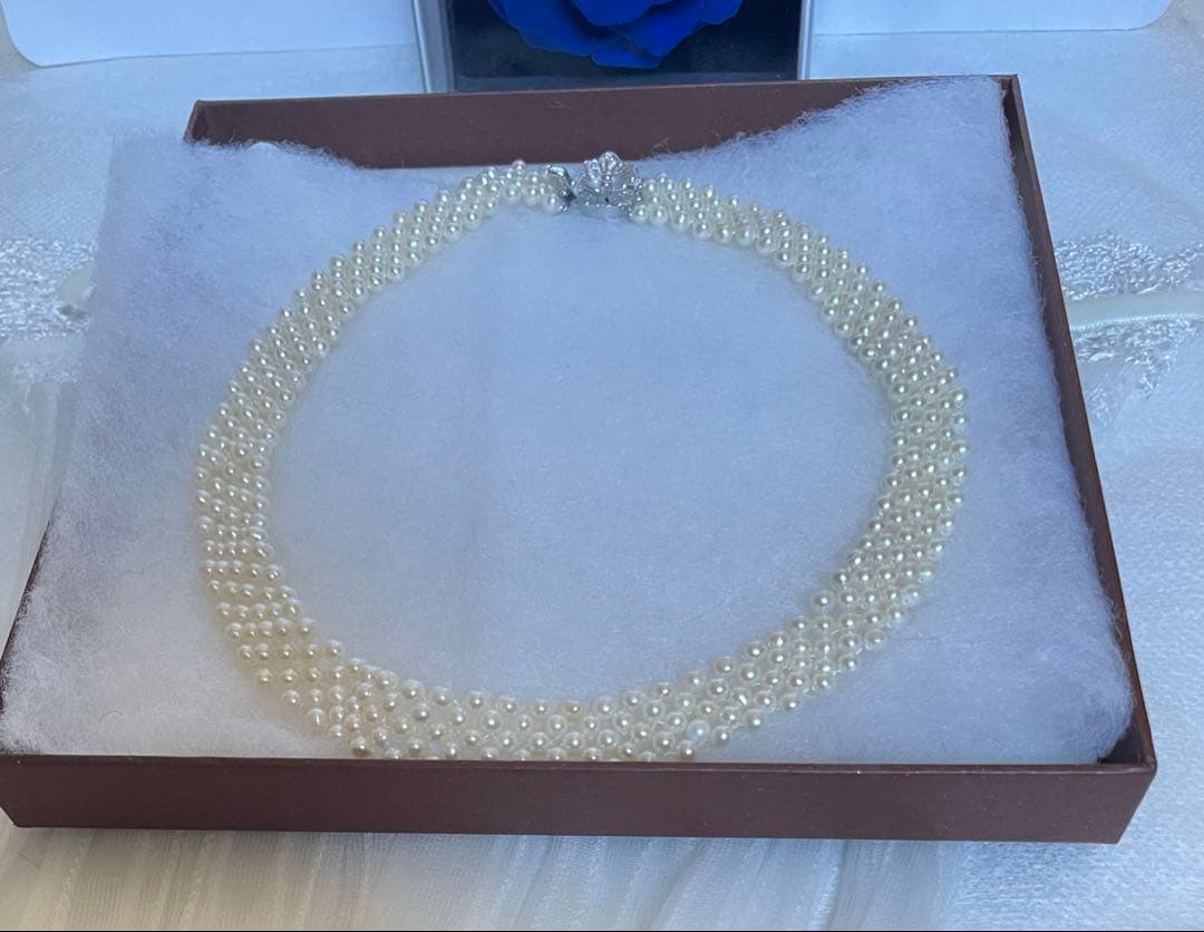 Baby Akoya pearl necklace with 3.5-4mm semi-round white pearls in a 5-row mesh design, approximately 40cm long