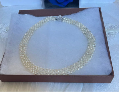 Baby Akoya pearl necklace with 3.5-4mm semi-round white pearls in a 5-row mesh design, approximately 40cm long