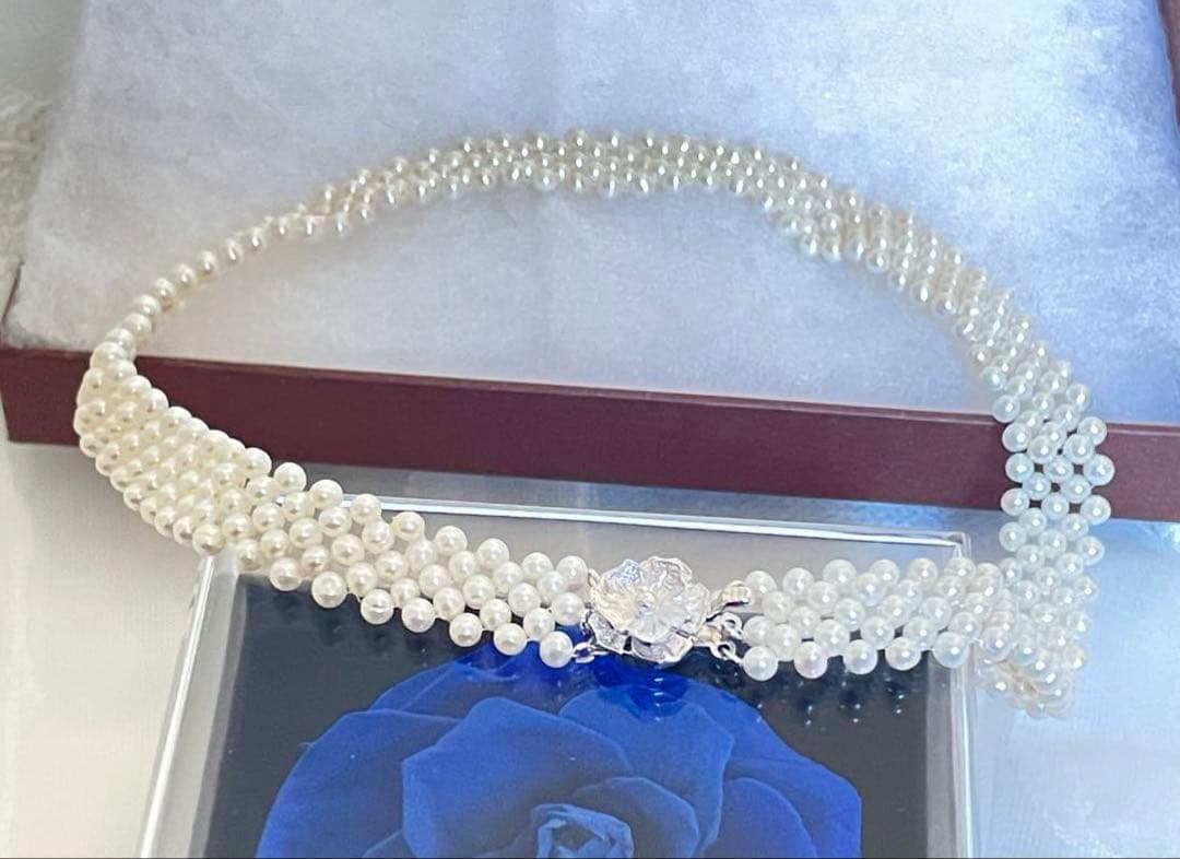Baby Akoya pearl necklace with 3.5-4mm semi-round white pearls in a 5-row mesh design, approximately 40cm long