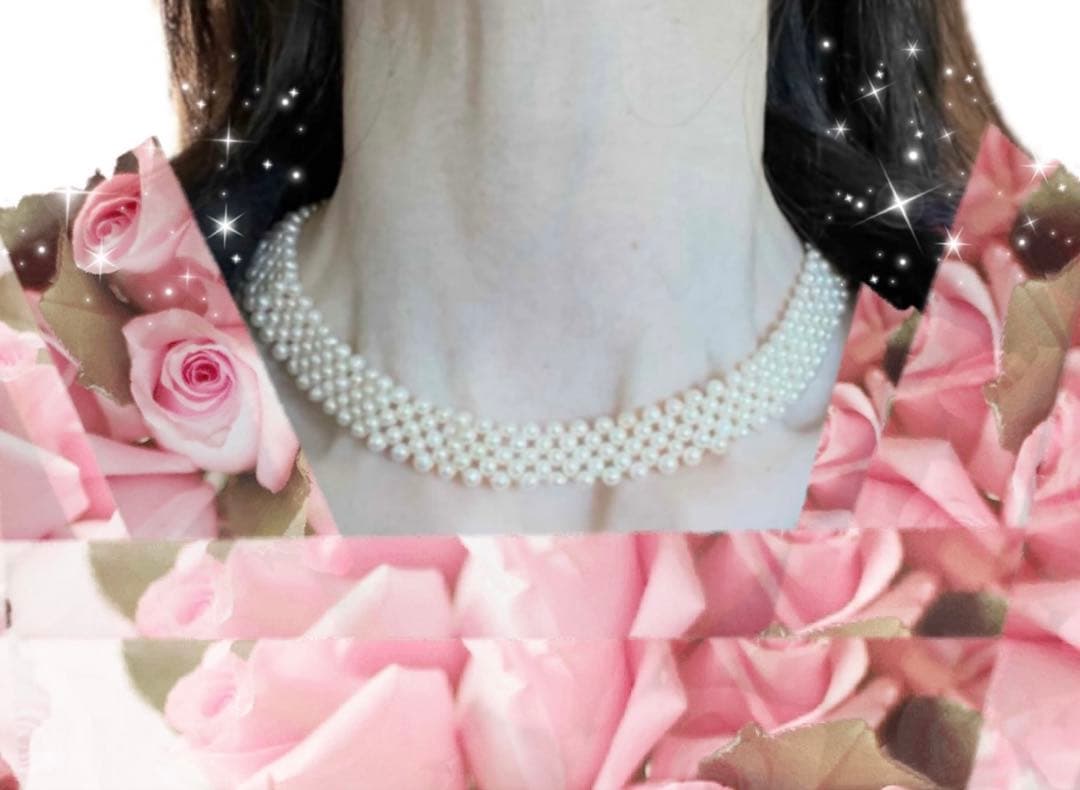Baby Akoya pearl necklace with 3.5-4mm semi-round white pearls in a 5-row mesh design, approximately 40cm long
