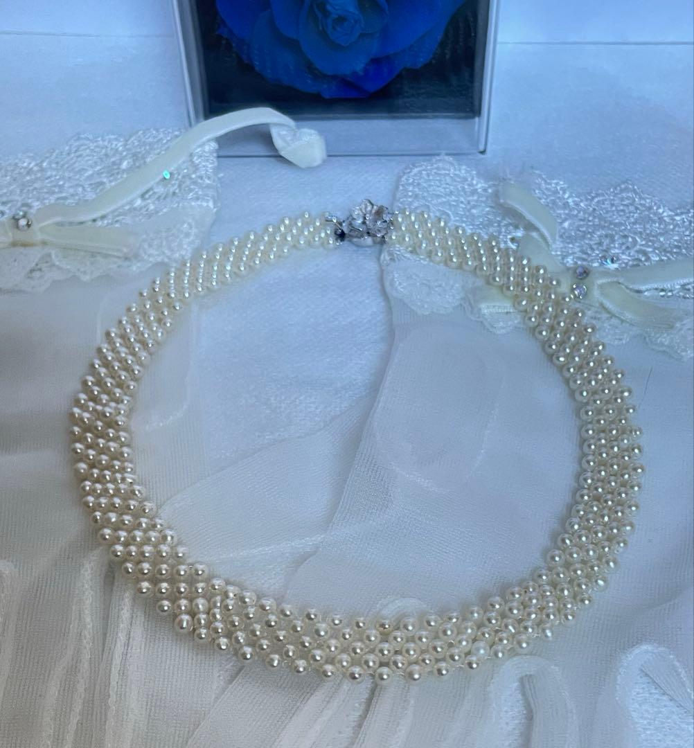 Baby Akoya pearl necklace with 3.5-4mm semi-round white pearls in a 5-row mesh design, approximately 40cm long