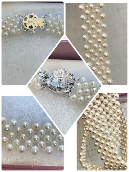 Baby Akoya pearl necklace with 3.5-4mm semi-round white pearls in a 5-row mesh design, approximately 40cm long