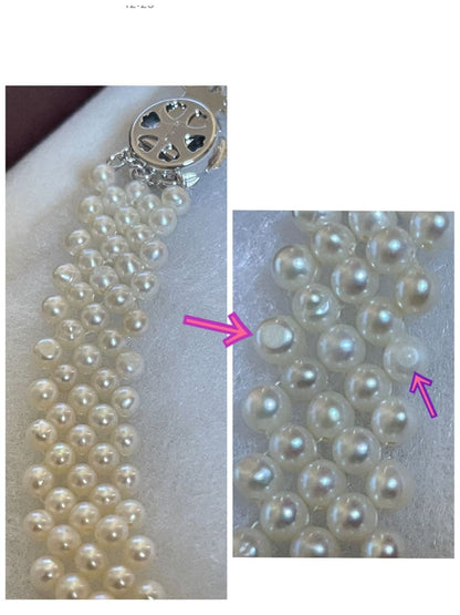 Baby Akoya pearl necklace with 3.5-4mm semi-round white pearls in a 5-row mesh design, approximately 40cm long