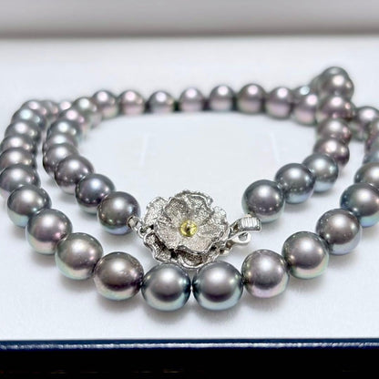 Akoya pearl necklace with 7.2-7.4mm pearls measuring 43.5cm in length on a white background