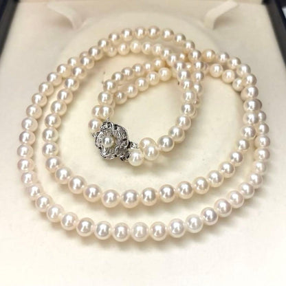 Double strand white Akoya pearl necklace with 6.0-6.5mm pearls measuring 41 cm length