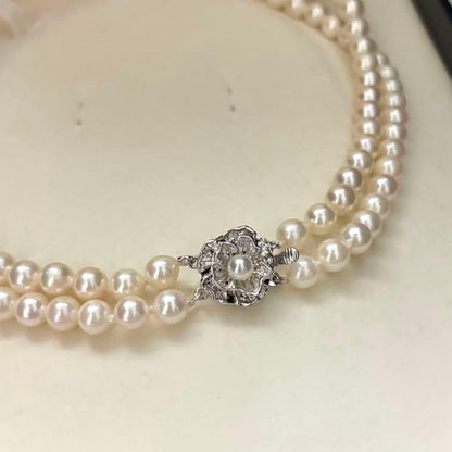 Double strand white Akoya pearl necklace with 6.0-6.5mm pearls measuring 41 cm length