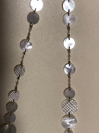 Agete white shell long necklace with silver and gold plated chain shown at 90cm length