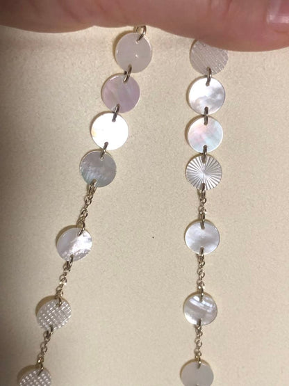 Agete white shell long necklace with silver and gold plated chain shown at 90cm length
