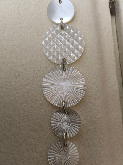 Agete white shell long necklace with silver and gold plated chain shown at 90cm length