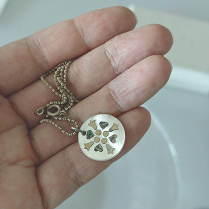 agetE shell charm necklace with heart and cross in sterling silver with white mother of pearl charm