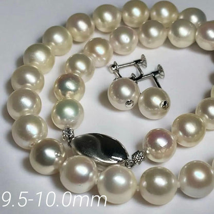 Super Large Akoya Pearl Necklace 40cm with 9.5-10mm pearls and matching 10mm pearl earrings with silver clasps