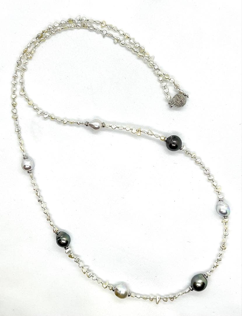 68cm Teri Strong necklace with Akoya Keshi, natural blue, and black cultured pearls