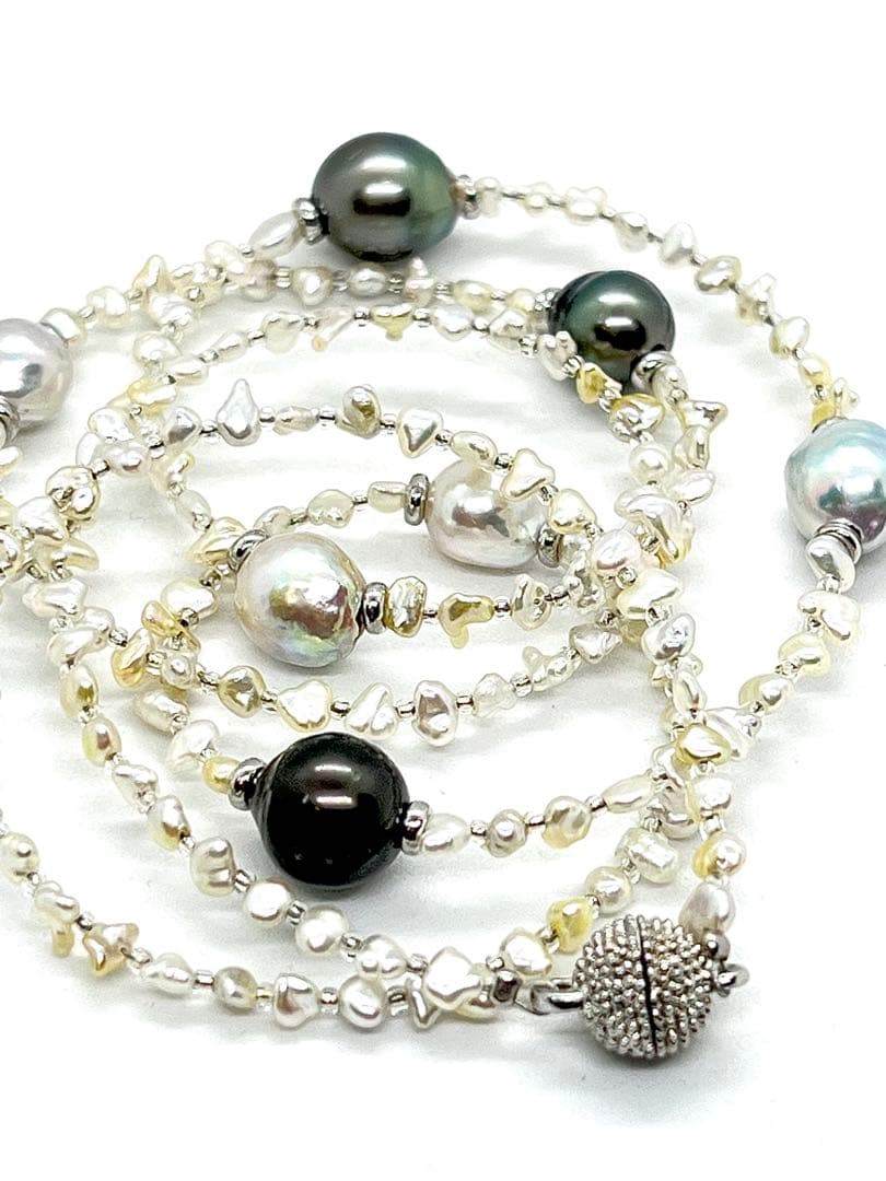 68cm Teri Strong necklace with Akoya Keshi, natural blue, and black cultured pearls