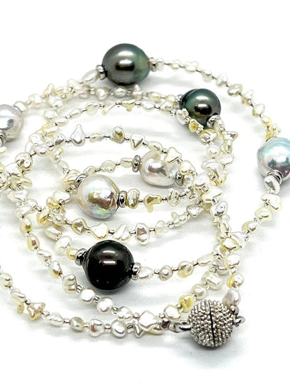 68cm Teri Strong necklace with Akoya Keshi, natural blue, and black cultured pearls