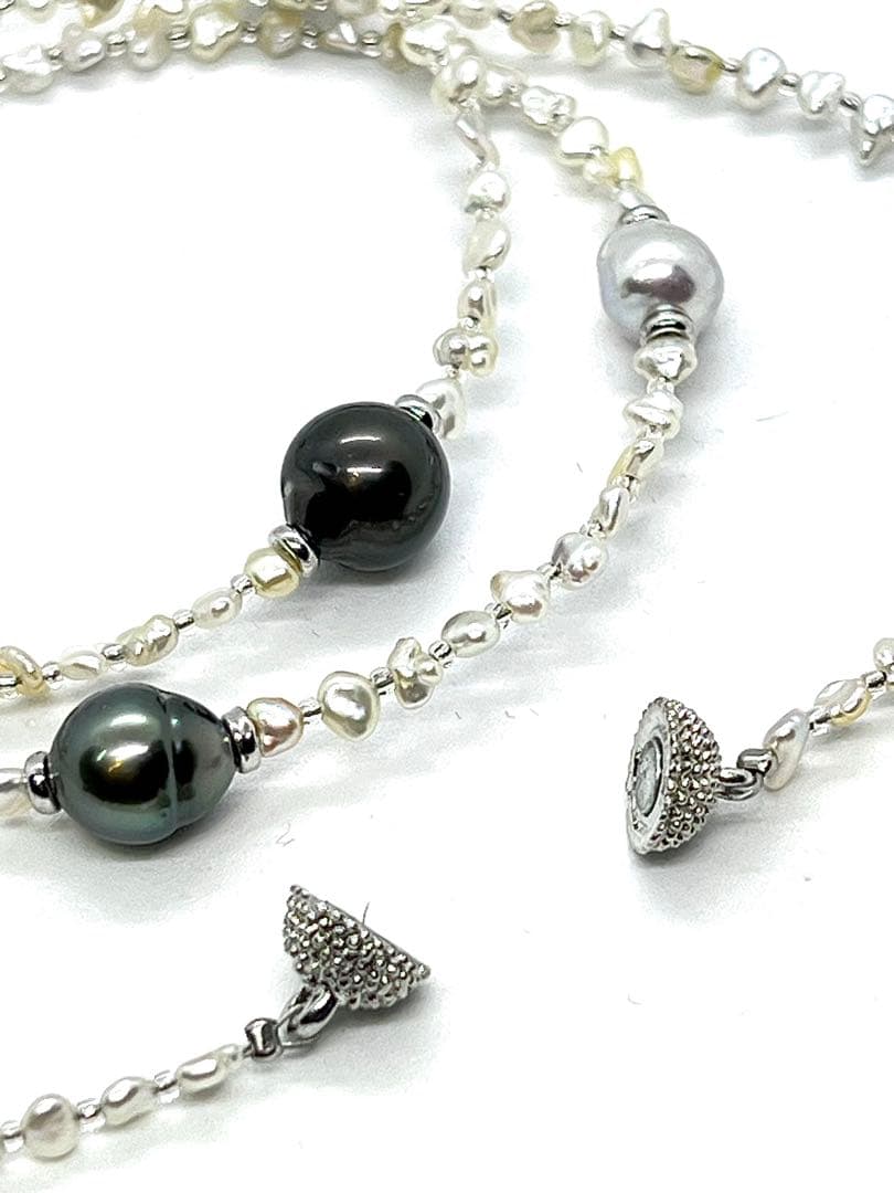 68cm Teri Strong necklace with Akoya Keshi, natural blue, and black cultured pearls