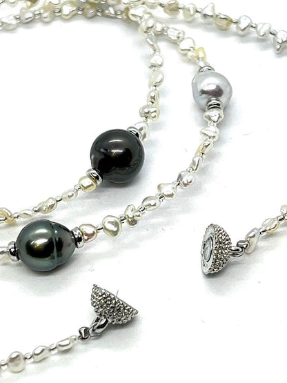 68cm Teri Strong necklace with Akoya Keshi, natural blue, and black cultured pearls