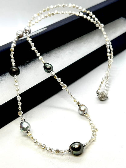 68cm Teri Strong necklace with Akoya Keshi, natural blue, and black cultured pearls