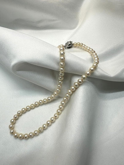 Akoya genuine pearl necklace with 6.2mm pearls and silver engraved clasp with safety feature