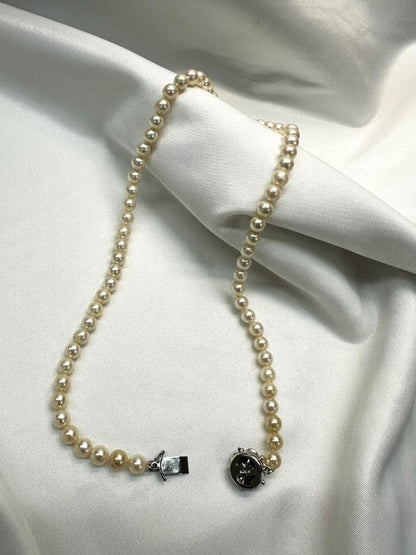 Akoya genuine pearl necklace with 6.2mm pearls and silver engraved clasp with safety feature