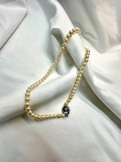 Akoya genuine pearl necklace with 6.2mm pearls and silver engraved clasp with safety feature