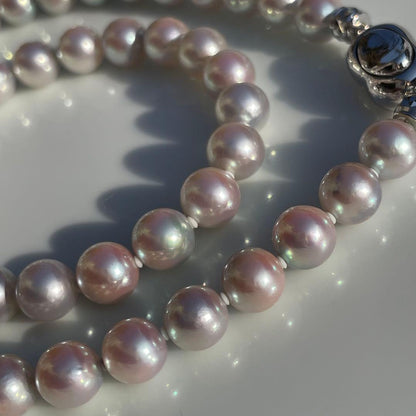 Akoya pearl necklace with 7.5-8mm blue tone pearls and silver clasp displayed with certification and box