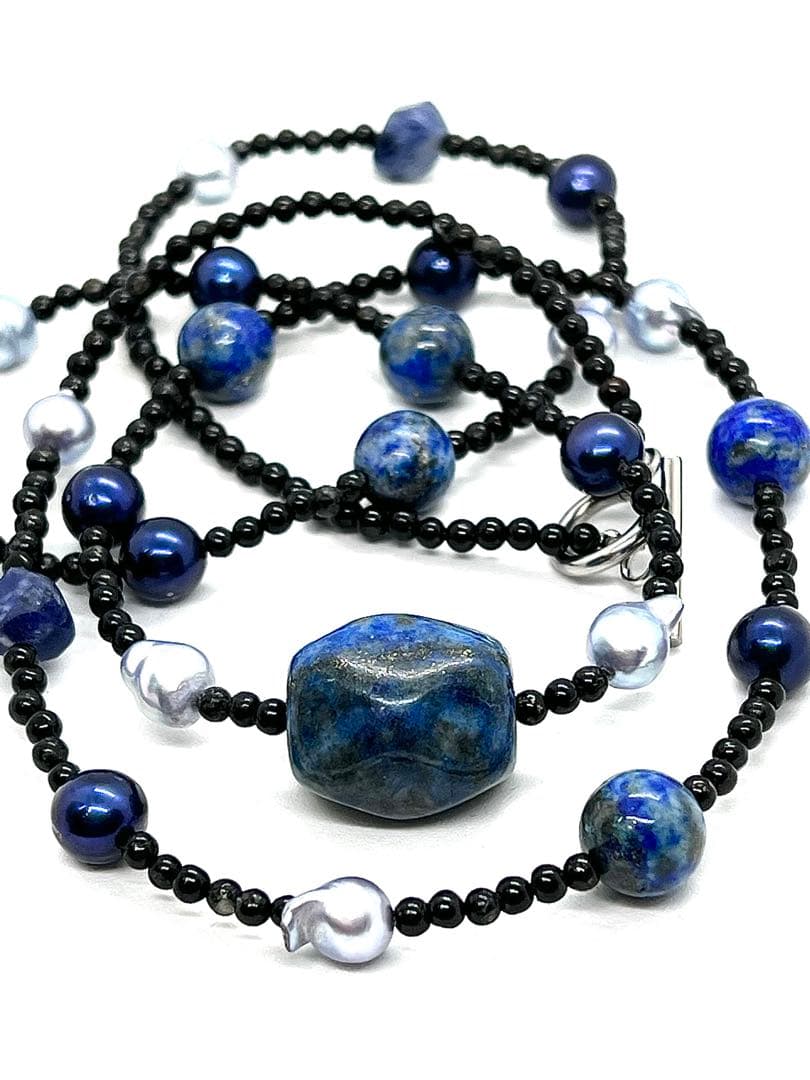 Akoya pearl necklace with large gray lapis lazuli beads on a black tourmaline chain, 80cm length