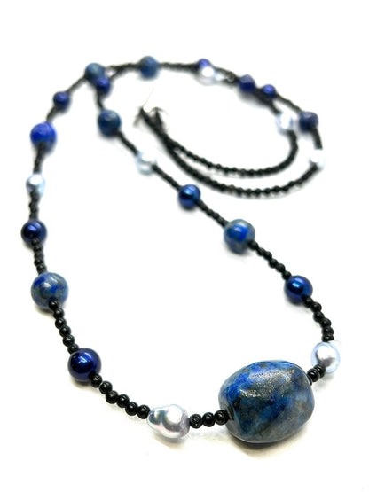 Akoya pearl necklace with large gray lapis lazuli beads on a black tourmaline chain, 80cm length
