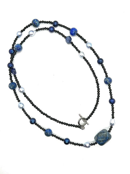 Akoya pearl necklace with large gray lapis lazuli beads on a black tourmaline chain, 80cm length