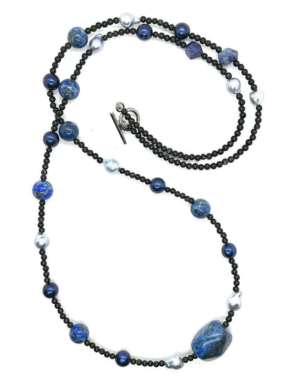 Akoya pearl necklace with large gray lapis lazuli beads on a black tourmaline chain, 80cm length