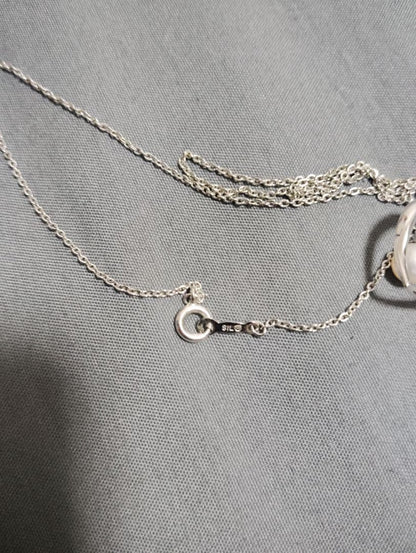 Mikimoto baby pearl necklace with heart-shaped silver pendant marked with M and SIL, length approximately 40cm