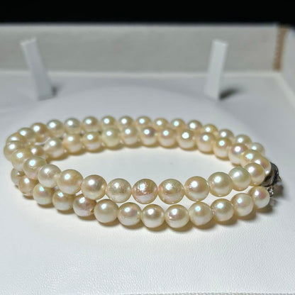 Akoya pearl necklace with 6.0-6.5mm round white pearls and engraved SILVER clasp, 37cm length