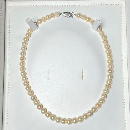Akoya pearl necklace with 6.0-6.5mm round white pearls and engraved SILVER clasp, 37cm length