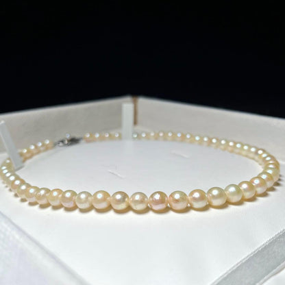 Akoya pearl necklace with 6.0-6.5mm round white pearls and engraved SILVER clasp, 37cm length